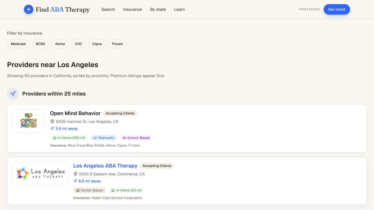 Live FindABATherapy search results for Clark, NJ — a real verified agency, Foundations Autism, ranked first for families searching in its city