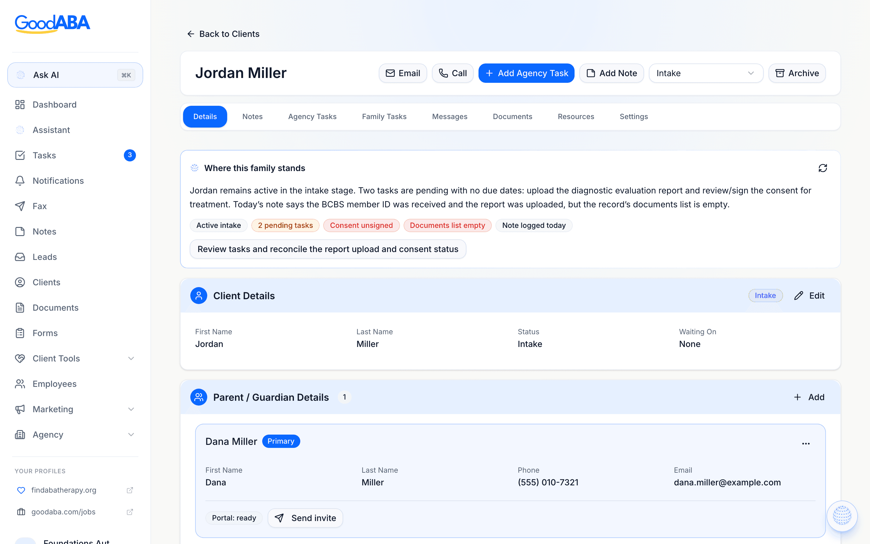 A GoodABA client record — profile details, AI status brief, tasks, and notes on one screen, with the assistant orb in the corner
