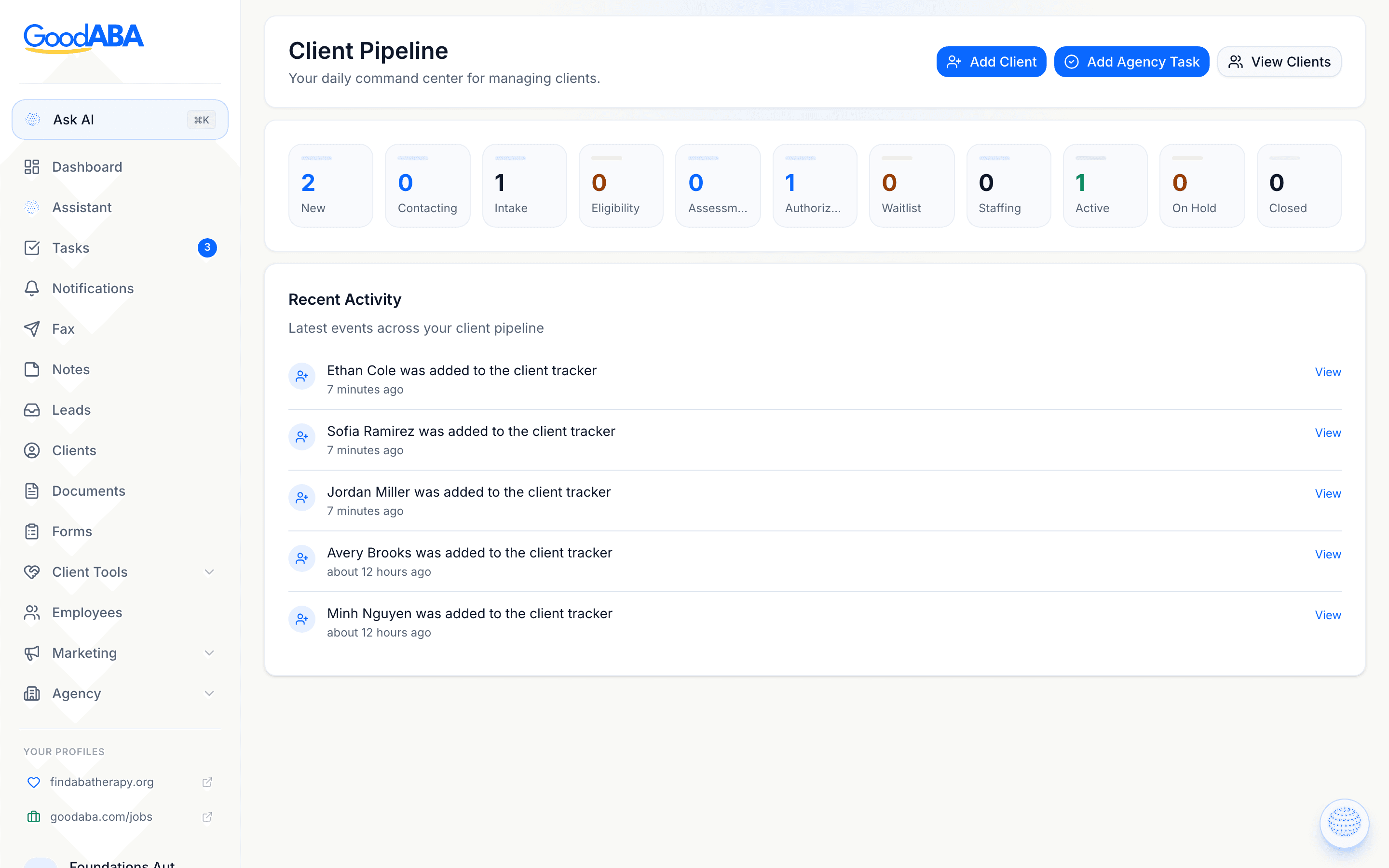 The GoodABA client pipeline — every family moving from new inquiry through intake, authorization, and active care, with the assistant orb in the corner